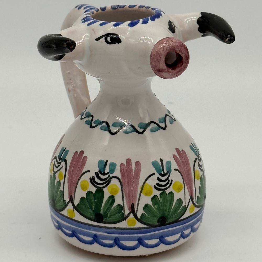 Vintage Espana Spain Hand Painted Ceramic Bull Creamer Pitcher Majolica Floral